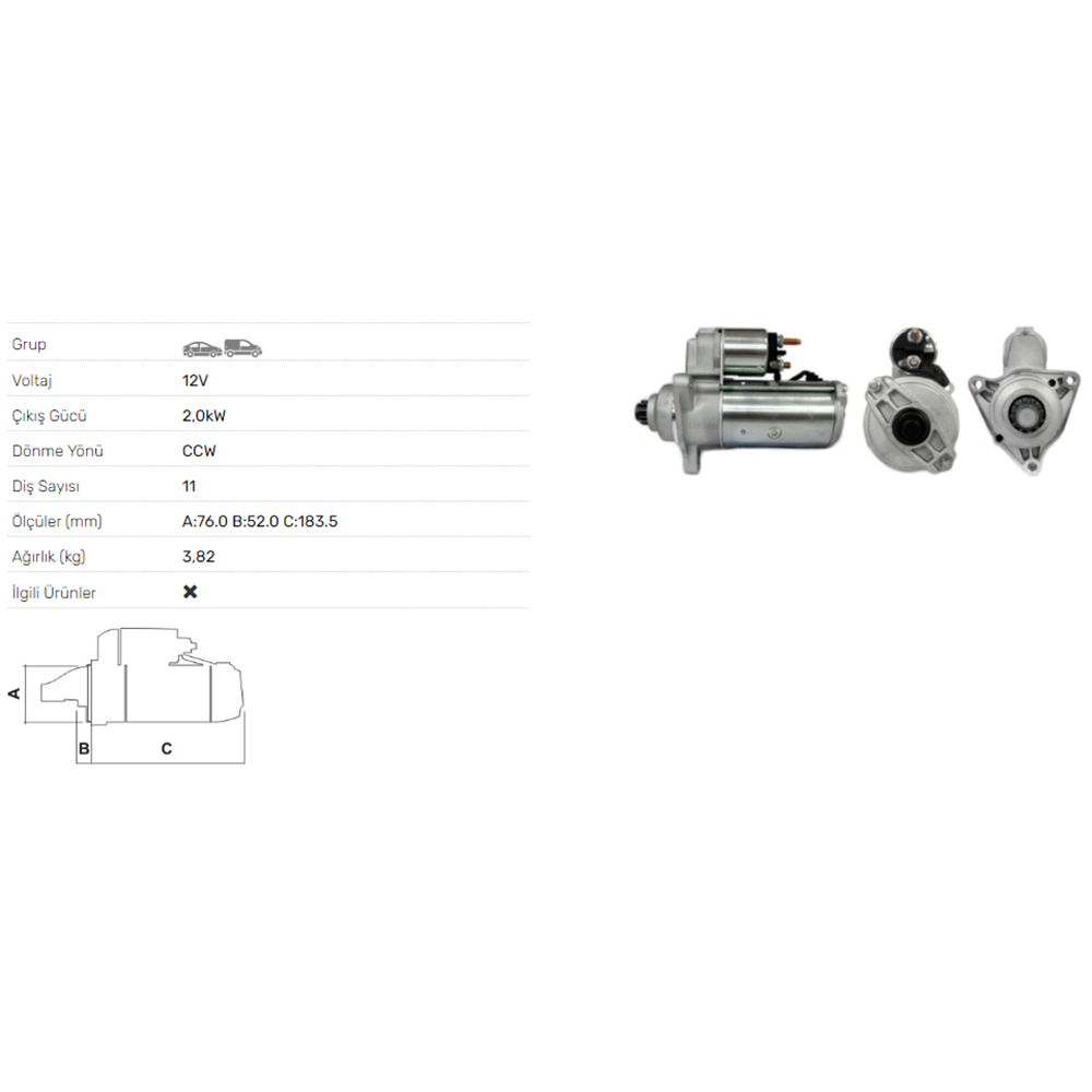 MARS MOTORU 12V 2.0KW 11 DIS VW TRANSPORTER 1,9 2.4 2,5 DIZEL 90-03