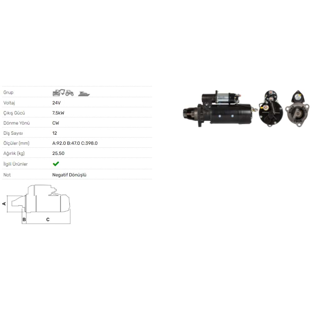 MARS MOTORU 24V 7.5KW 12 DIS CATERPILLAR BMC DEV FATIH 42MT