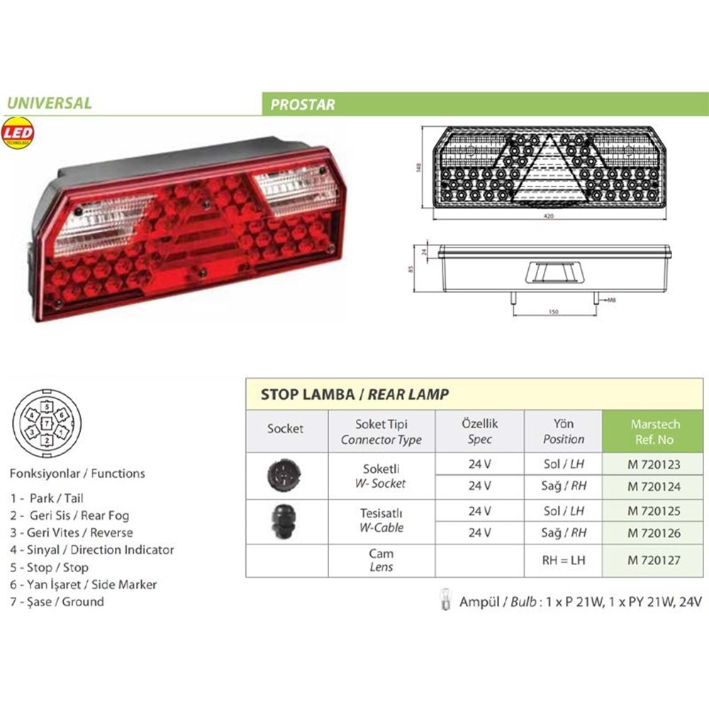 U. Prostar Led Stop Lamba Soketli Sağ