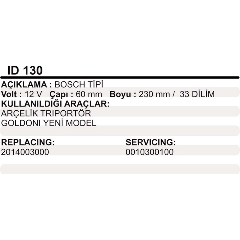 MARS KOLLEKTOR 12V BOSCH TIPI ARCELIK TRIPORTOR GOLDONI YM