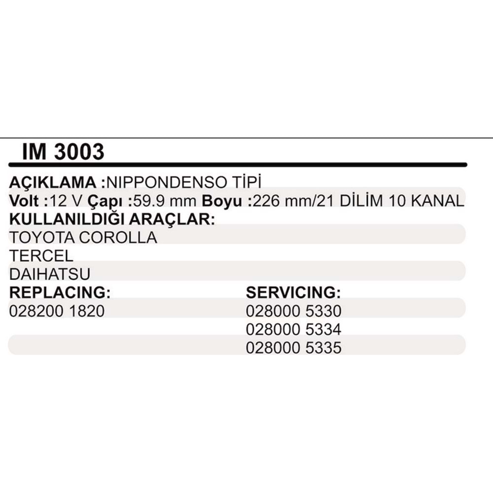 MARS KOLLEKTOR 12V 10 KANAL NIPPODENSO TIPI TOYOTA COROLLA TERCEL DAIHATSU
