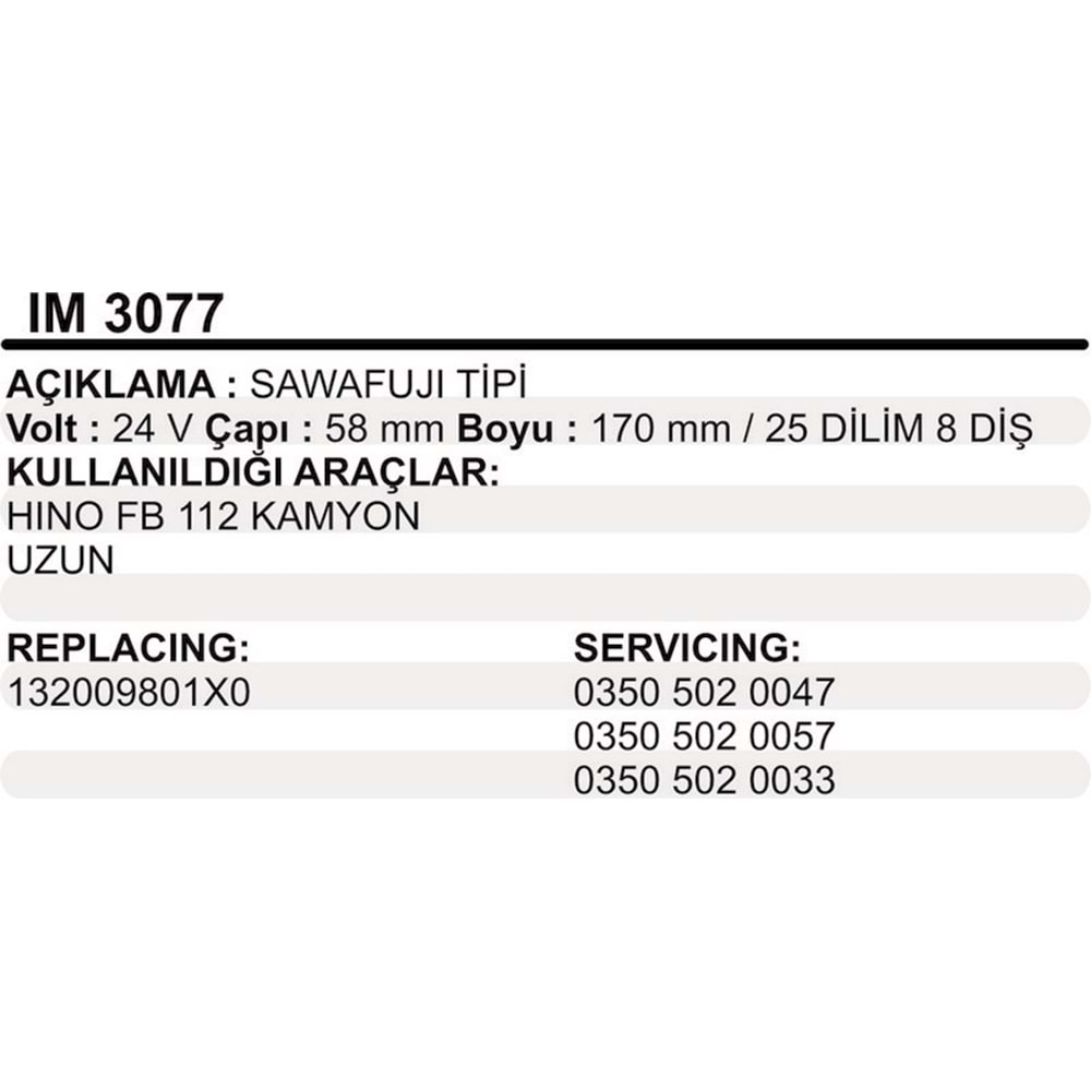 MARS KOLLEKTOR 24V 8 DIS SAWAFUJI TIPI HINO FB 112 KAMYON UZUN