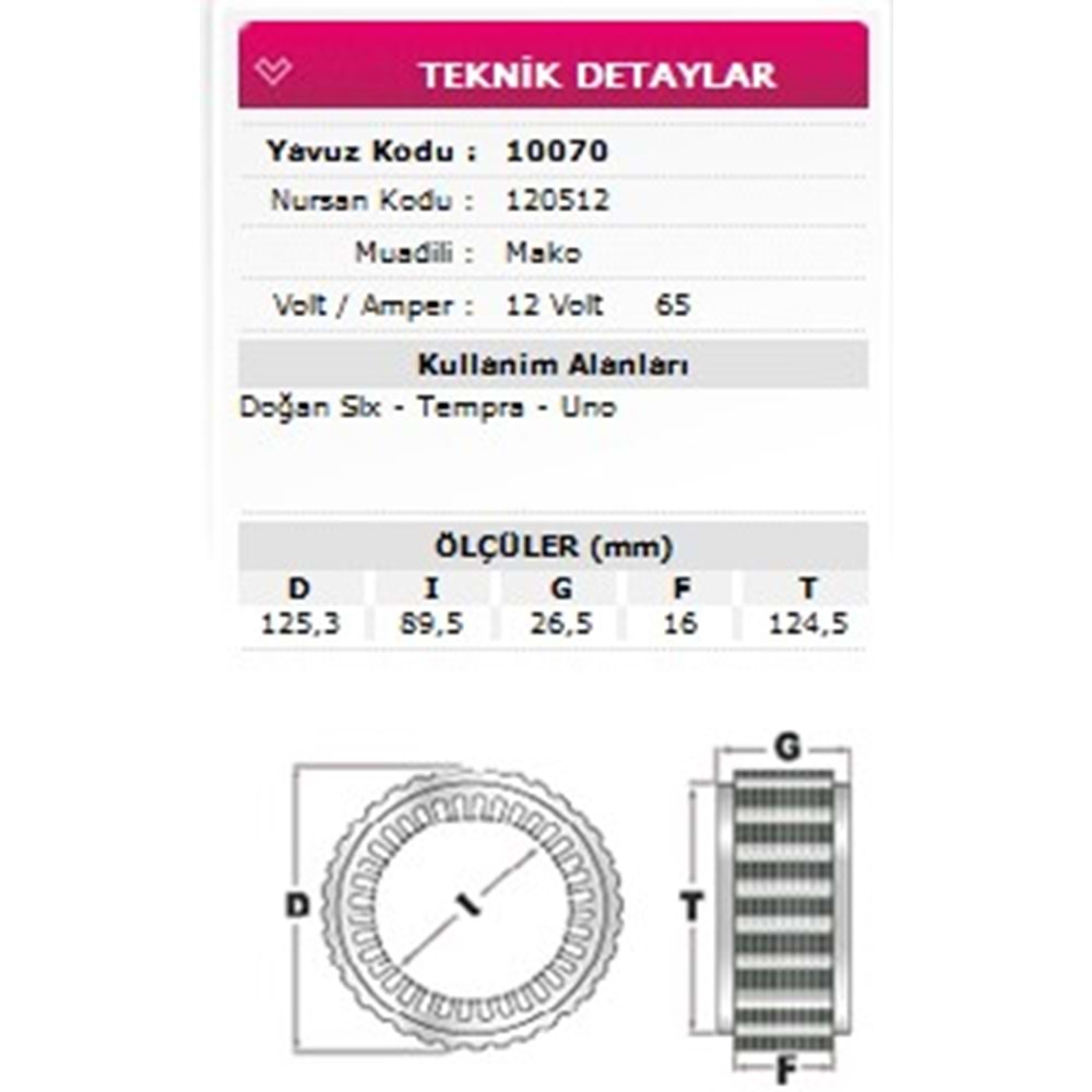 ALT STATOR DOGAN SLX TEMPRA UNO 12V 65A 120512