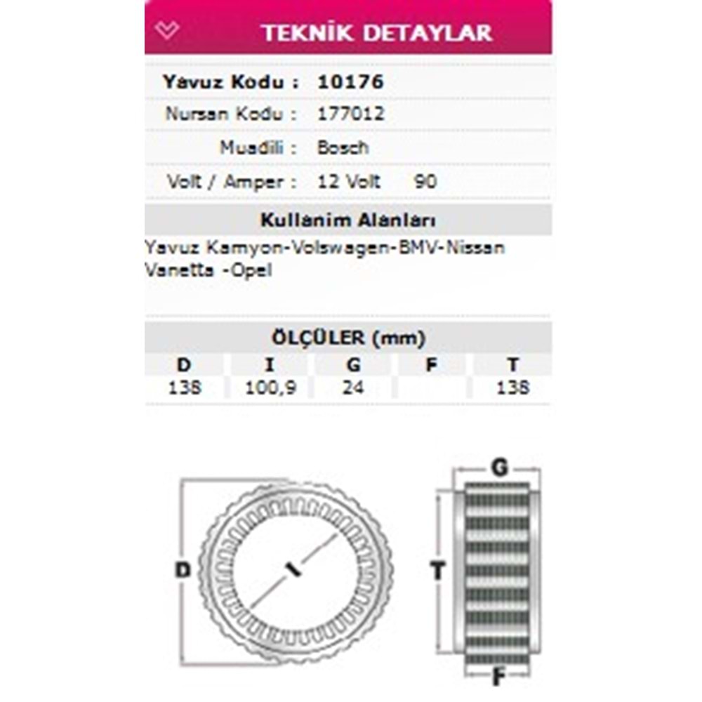 ALT STATOR BMC YAVUZ KAMYON, VW, BMW, NISSAN VANETTA, OPEL 12V 90A 177012