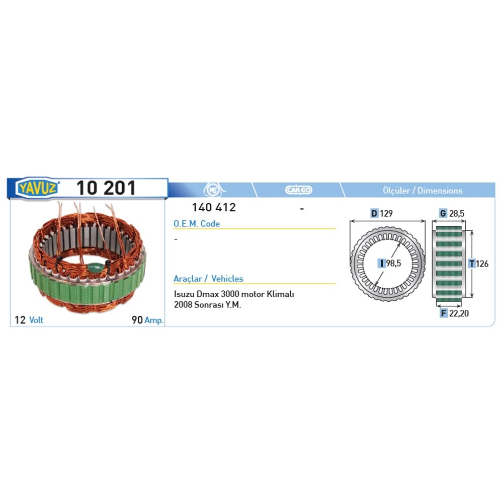 ALT STATOR ISUZU DMAX YM KLIMALI 90AMP 140412