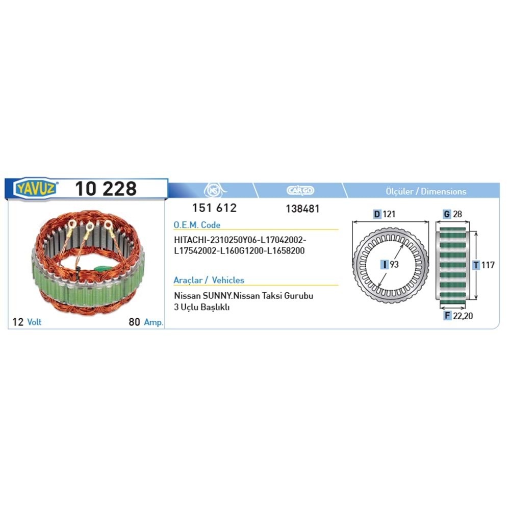 ALT STATOR NISSAN SUNNY NISSAN TAKSI GRUBU 80A JAPON