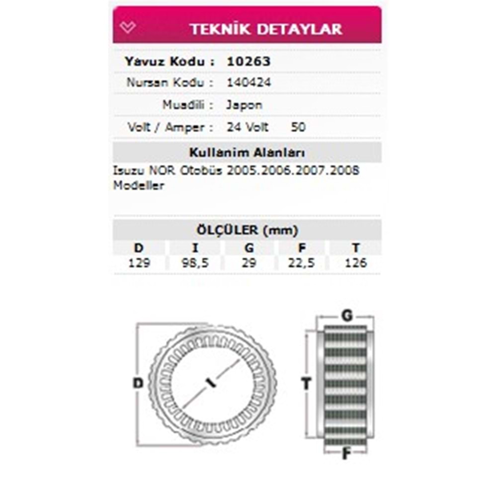 ALT STATOR ISUZU NOR OTOBUS 2005-2008 24V 50A 140424