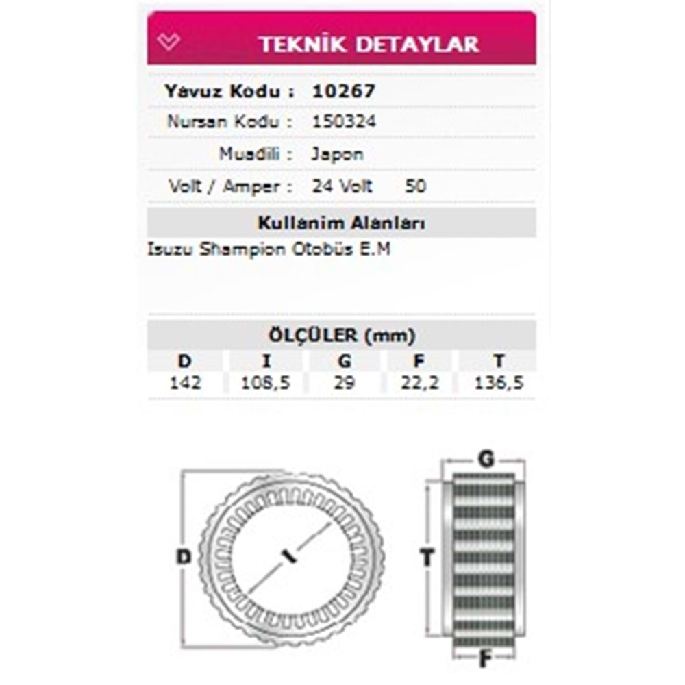 ALT STATOR ISUZU CHAMPION , OTOBUS EM 24V 50A 150324