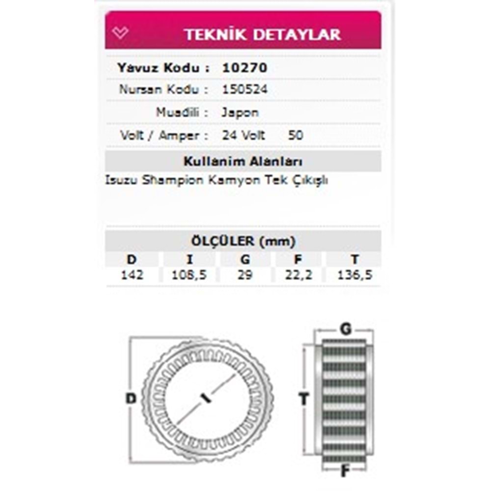 ALT STATOR ISUZU CHAMPION KAMYON TEK CIKISLI 24V 50A 150524