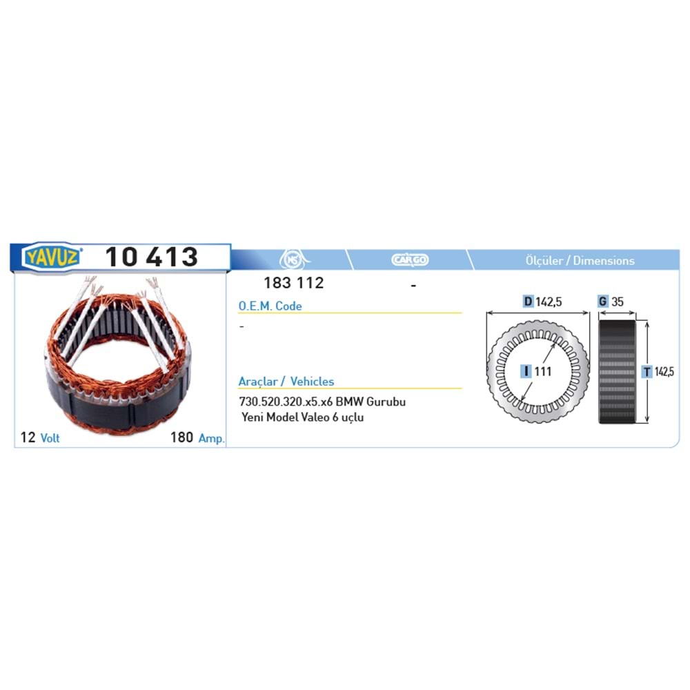 ALT STATOR BMW 730 520 320 X5 X6 12V 180A 183112