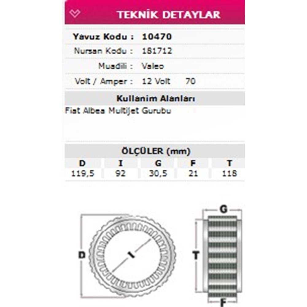 ALT STATOR FIAT ALBEA MULTIJET 12V 70A 181712