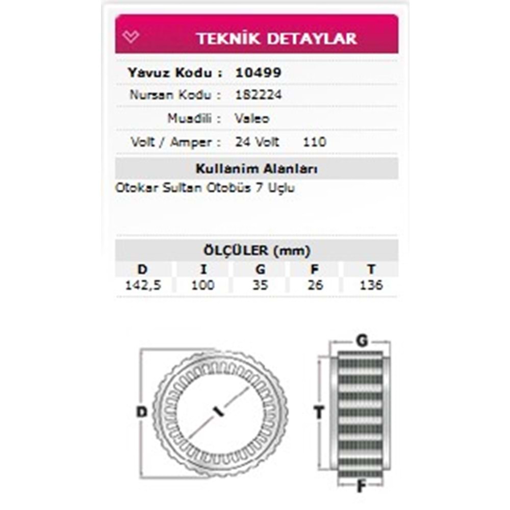 ALT STATOR OTOKAR SULTAN OTOBUS 7 UCLU 24V 110A 182224