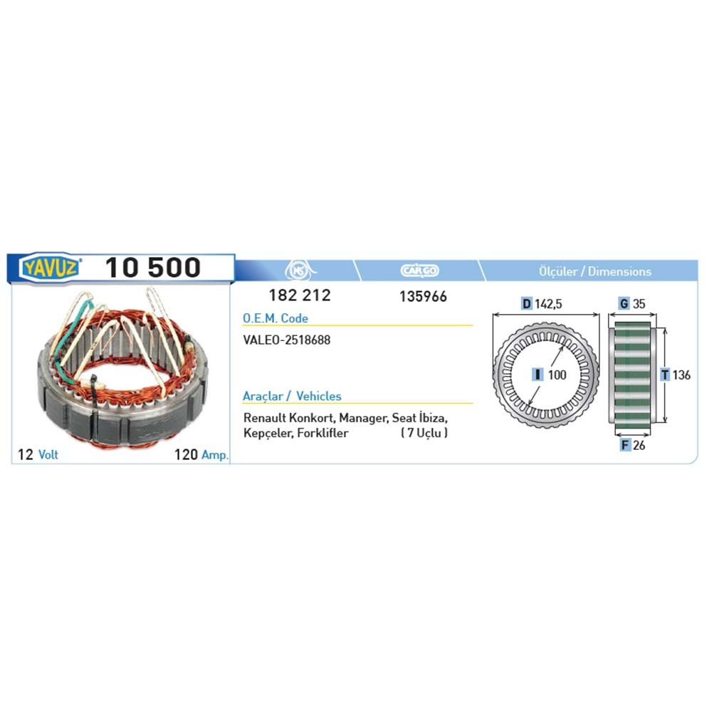 ALT STATOR KONKORT MNAGER IBI 120AMP