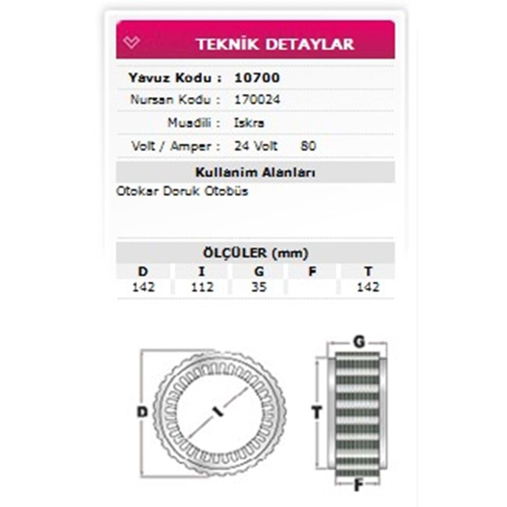 ALT STATOR OTOKAR DORUK OTOBUS 24V 80A 170024