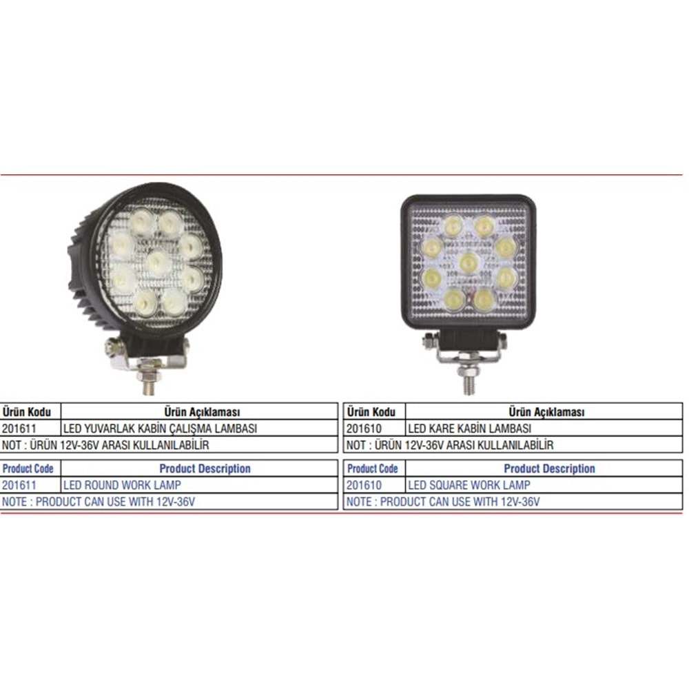 LED KARE ÇALIŞMA LAMBASI 9 LEDLİ