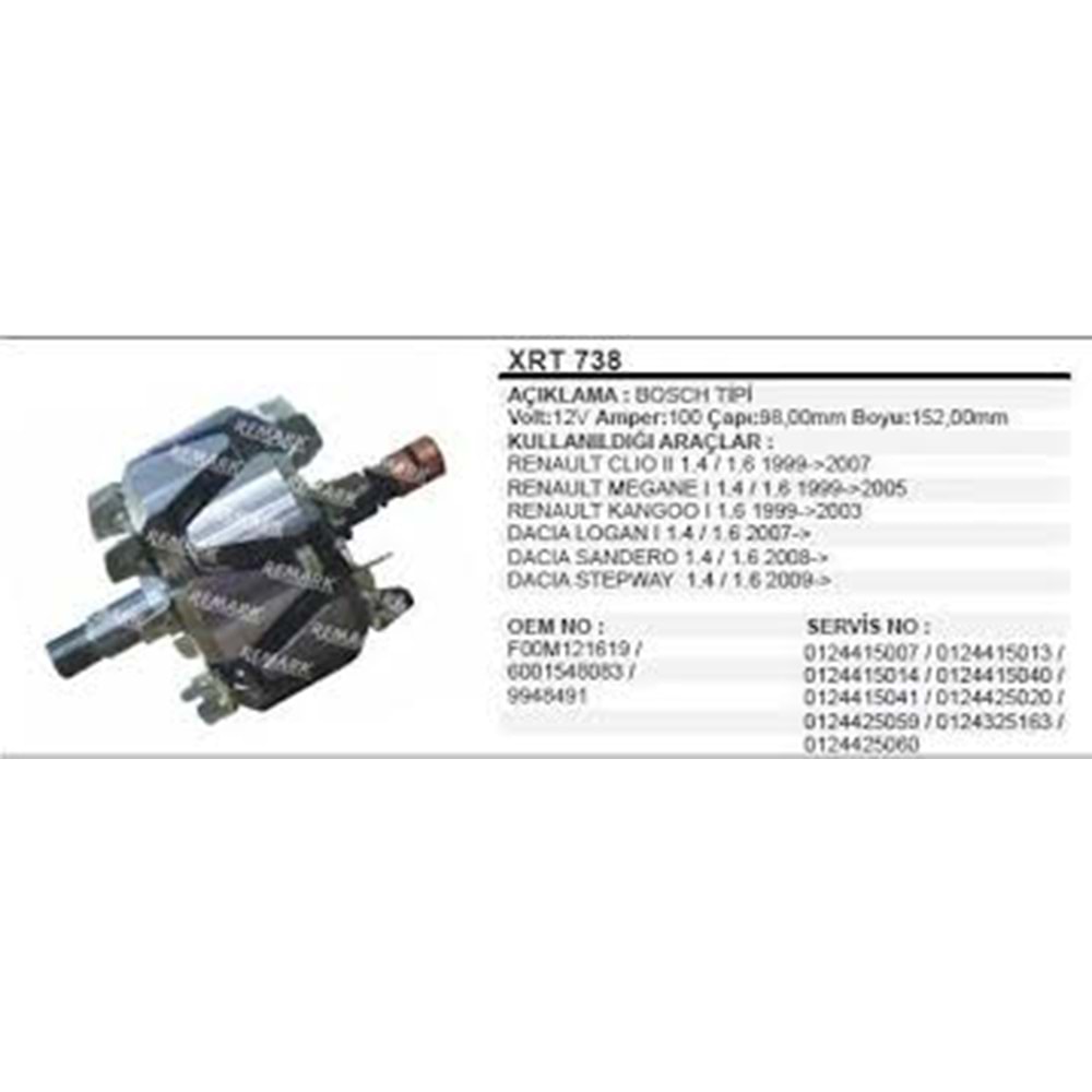 XRT 738 ROTOR BOSCH 12V 100A CLIO/MEGANE/LOGAN
