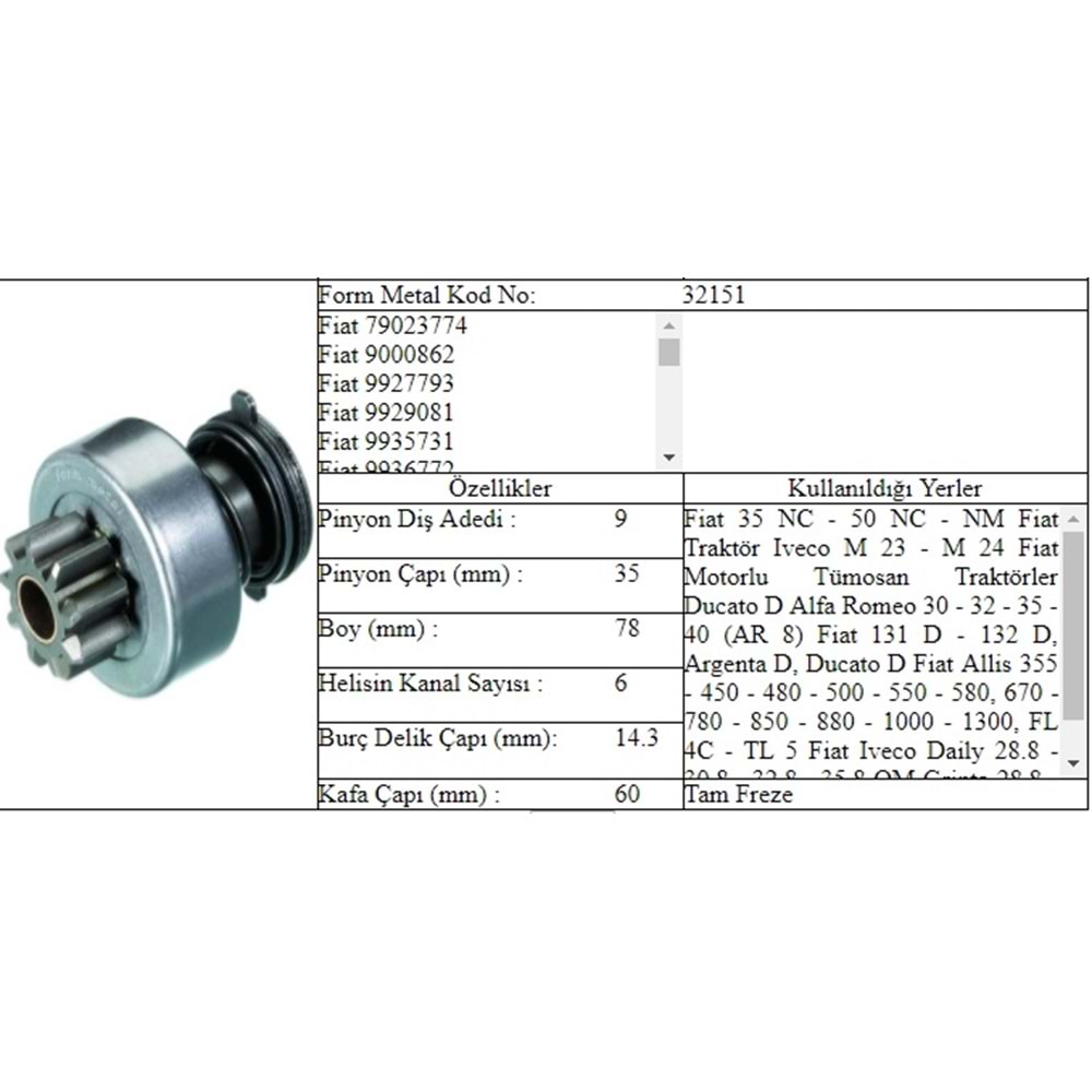 M.DİŞLİ 9 DİŞ 50 NC FIAT TRAKTÖR 6 KAN.DIŞTAN FRZ