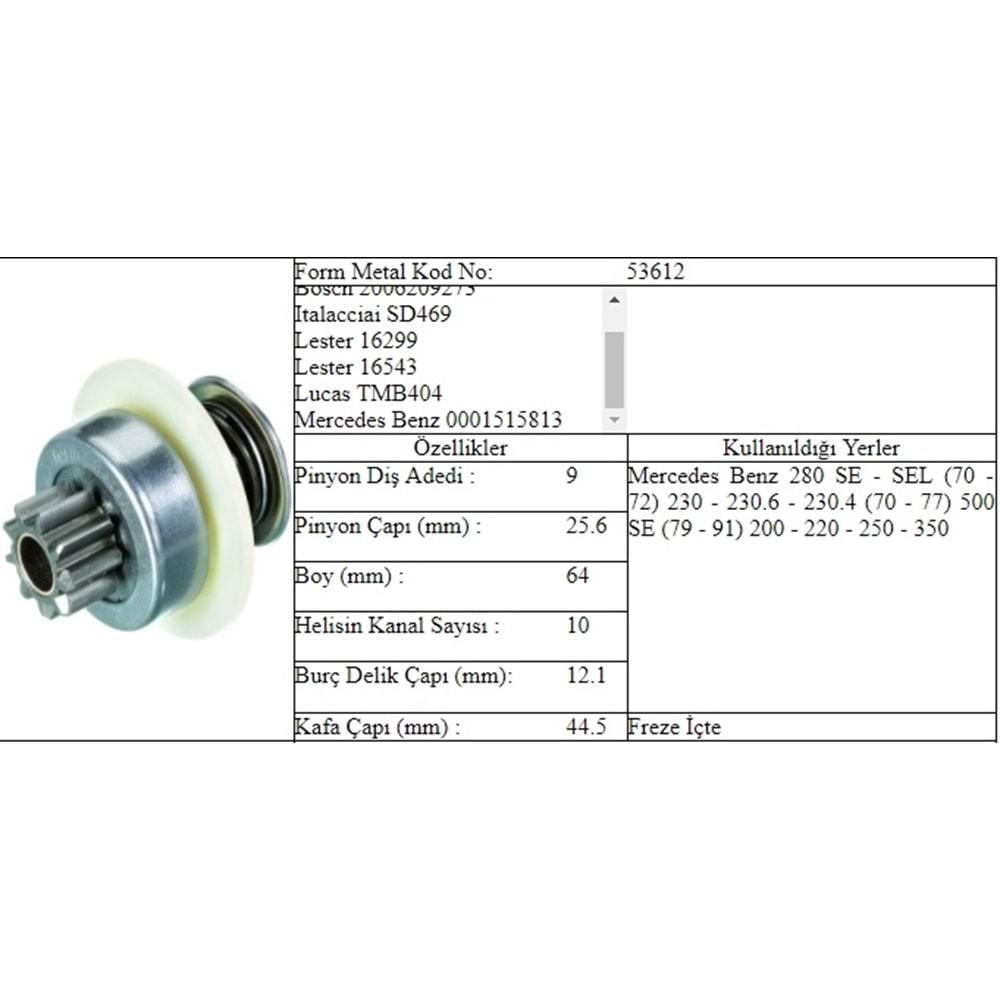 M.DİŞLİ 9 DİŞ MERCEDES 230 250 280 BENZİNLİ