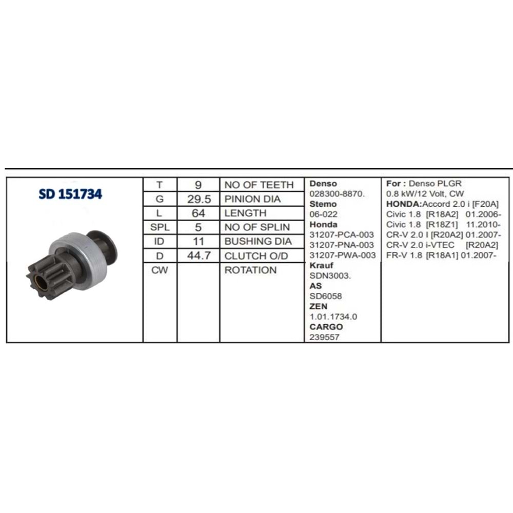 M.DİŞLİSİ 9 DİŞ HONDA TOYOTA N. DENSO CW159490