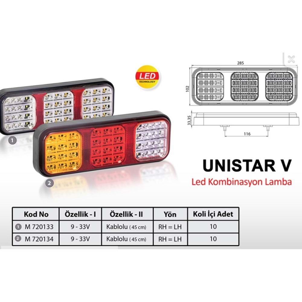 UNISTAR V LED KOMBİNASYON LAMBA KABLOLU SOL