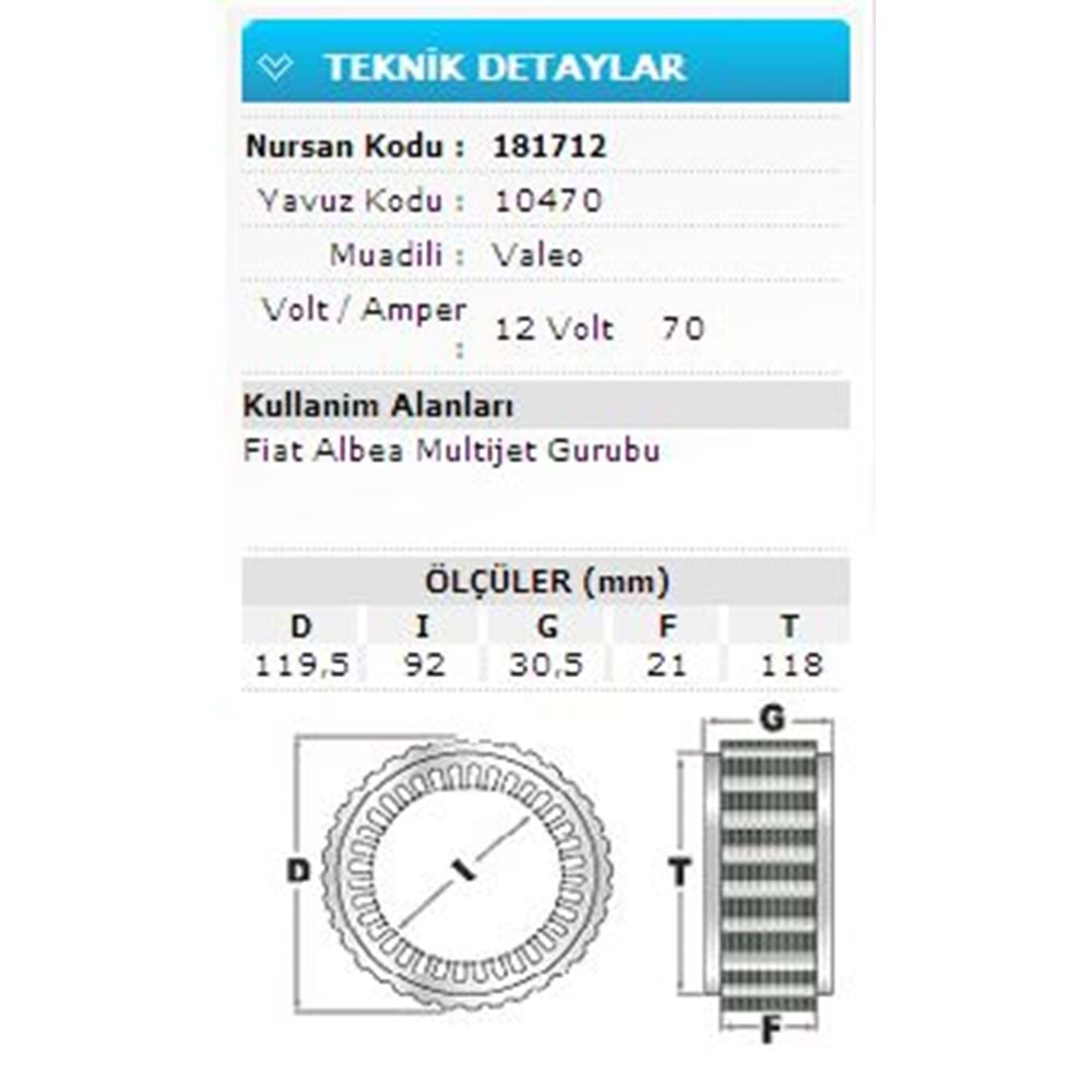 12V 70A FIAT ALBEA MULTİJET GURUBU 10470