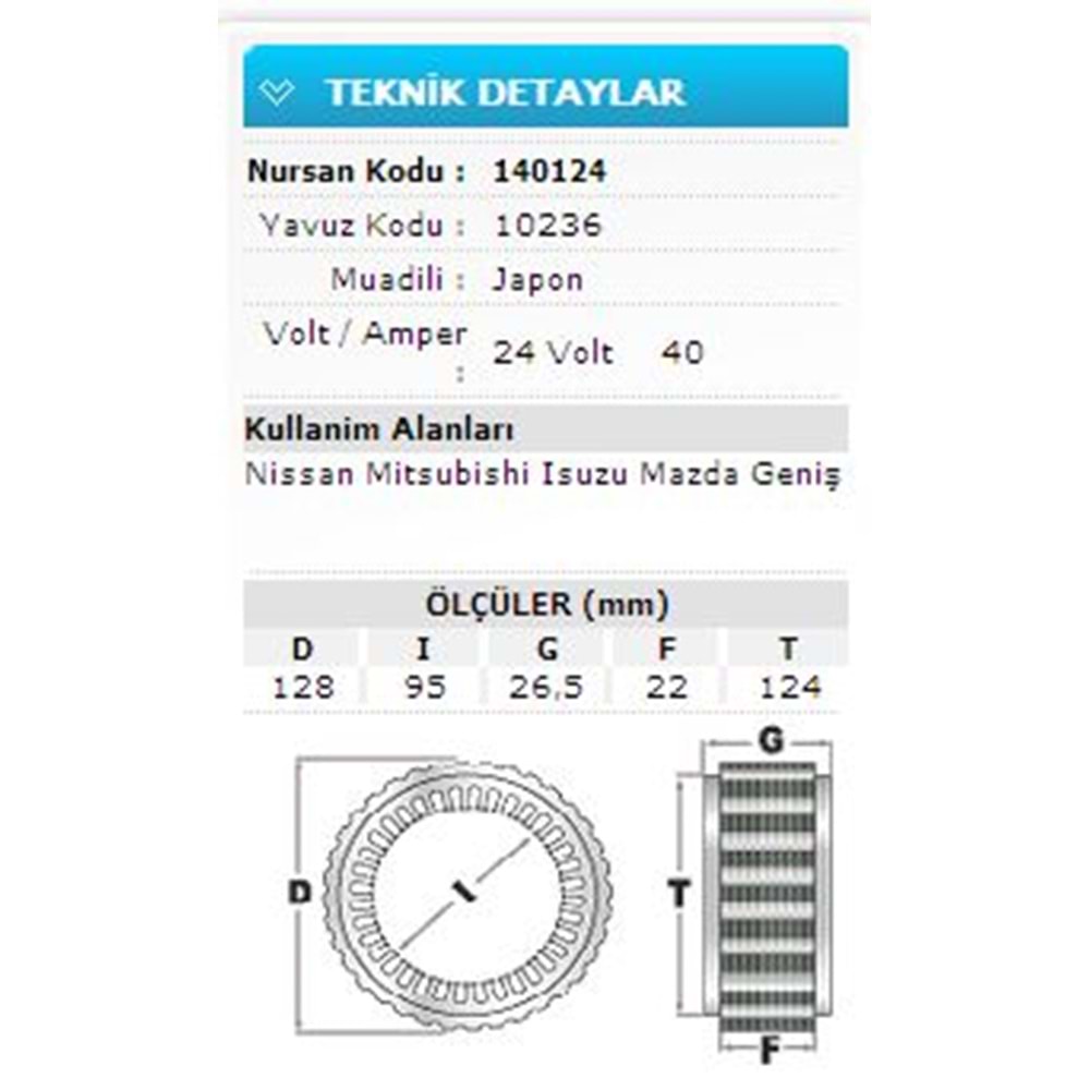 24V 40A NISSAN MITSUBISHI ISUZU MAZDA GENİŞ 10236