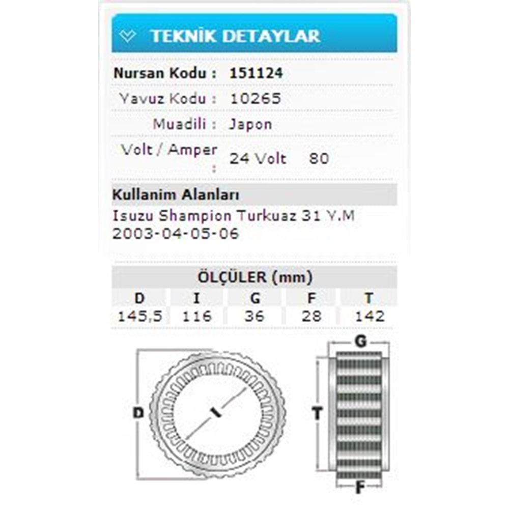 24V 80A ISUZU SHAM.TURK 31 YM 2003-04-05-06 10265