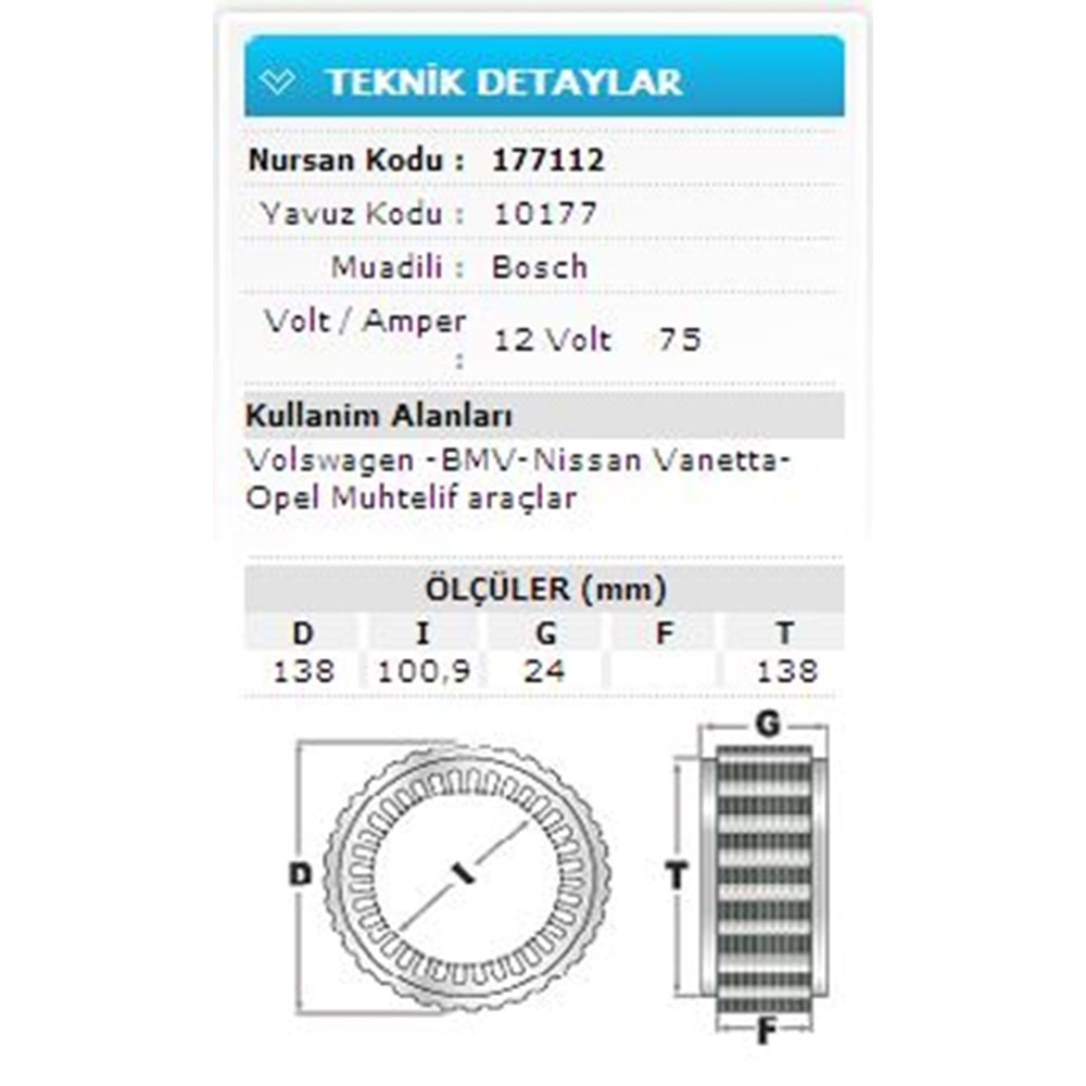 12V 75A VW-BMV-NISSAN VANETTA-OPEL MUHT.ARAÇ 10177
