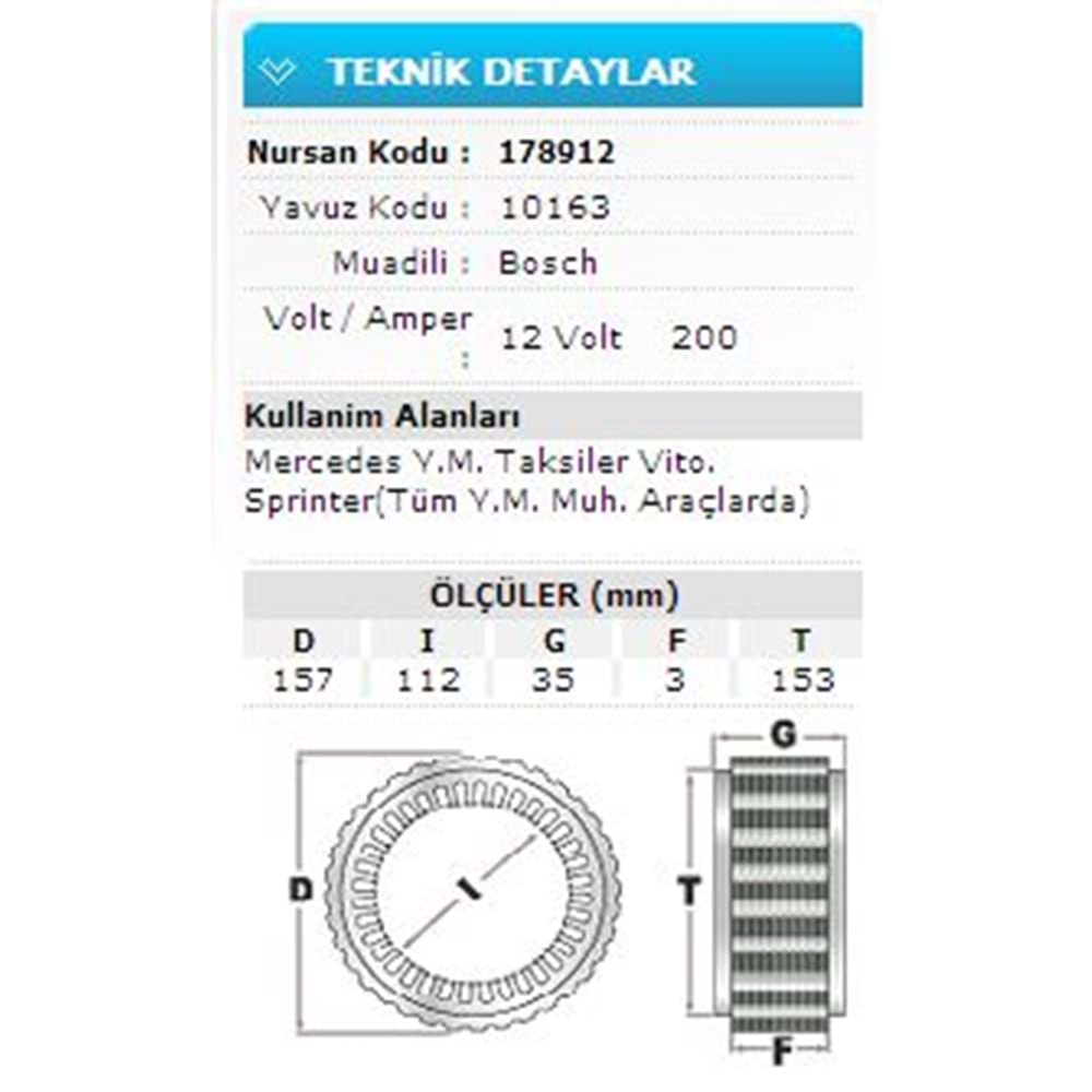12V 200A MERCE.TAKSİ VİTO.SPRİNTER TÜM YM 10163