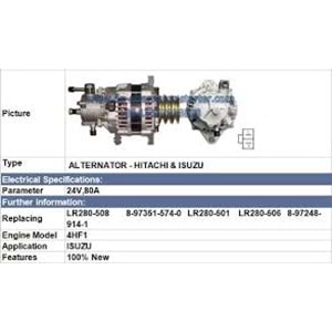 ALT. ALTERNATOR 24V 80 AMP ISUZU TURKUAZ - CHAMPION (LR280-508)