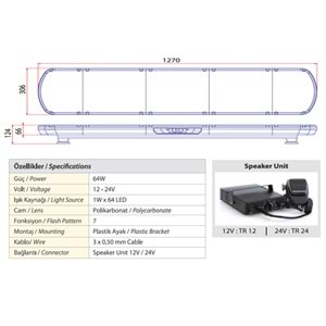 TRAFIK IKAZ LAMBASI LED SARI-MAVI HOPARLORLU 127 CM