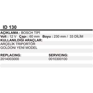 MARS KOLLEKTOR 12V BOSCH TIPI ARCELIK TRIPORTOR GOLDONI YM