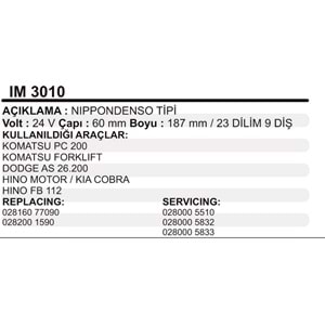 MARS KOLLEKTORU 24V 9 DIS NIPPODENSO TIPI KOMATSU PC200 FORKLIFT DODGE AS 26.200 HINO