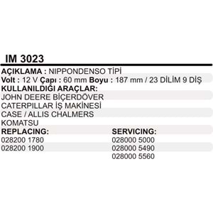 MARS KOLLEKTORU 12V 9 DIS N.DENSO TIPI JOHN DEERE BICERDOVER CATERPILLAR CASE ALLIS CHALMERS KOMATSU