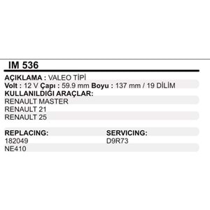 MARS KOLLEKTOR 12V VALEO TIPI RENAULT MASTER R21 R25