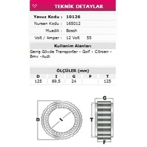 ALT STATOR GENIS GOVDE VW TRANSPORTER GOLF, CITROEN, BMW, AUDI 12V 55A 165012