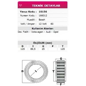 ALT STATOR DEV FATIH, VW, AUDI, OPEL 12V 60A 166012