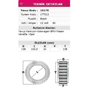 ALT STATOR BMC YAVUZ KAMYON, VW, BMW, NISSAN VANETTA, OPEL 12V 90A 177012