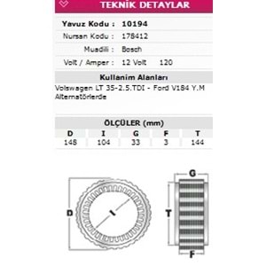 ALT STATOR VW VOLT LT35 TDI, FORD TRANSIT V184 12V 120A 178412