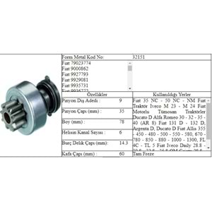 M.DİŞLİ 9 DİŞ 50 NC FIAT TRAKTÖR 6 KAN.DIŞTAN FRZ