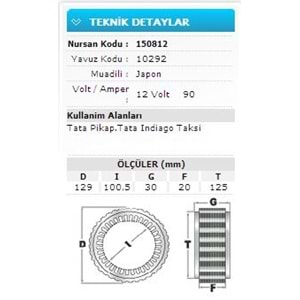12V 90A TATA PİKAP.TATA INDIAGO TAKSİ 10292