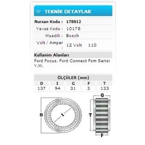 12V 110A FORD FOCUS. CONNECT FOM SERİSİ Y.M 10178
