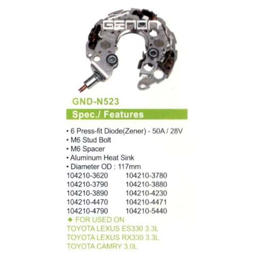 ALTERNATOR DIOT TABLASI TOYOTA LEXUS ES330 3.3L - RX330 3.3L - CAMRY 3.0L 117mm (6 DIOT) M6