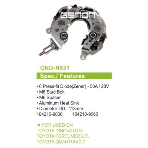 ALTERNATOR DIOT TABLASI TOYOTA INNOVA D4D - FORTUNER 2.7L - QUANTUM 2.7 113mm (6 DIOT) M6