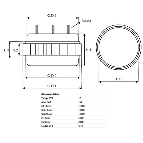 ALTERNATOR STATOR 12V 150 AMP PEUGEOT PARTNER / CITROEN BERLINGO DIZEL Y.M. (UWA-3602)