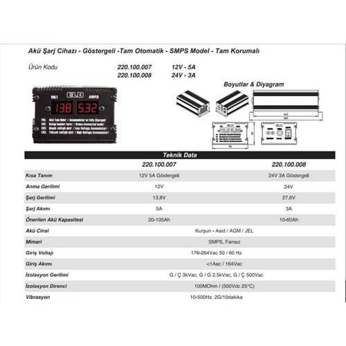 AKU SARJ CIHAZI 12V 5A TAM OTOMATIK DISPLAY