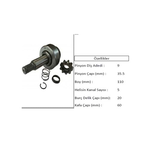 MARŞ DİŞLİSİ 9 DIS MIT UZUN MIL PİNYON ÇAPI: 35,5 BOY: 110 5 KANAL BURÇ DELİK ÇAPI: 20 KAFA ÇAPI: 60