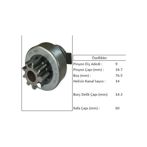 MARŞ DİŞLİSİ T30 DODGE 9 DİŞ PİNYONÇAPI: 34,7 BOY: 76,5 14 KANAL BURÇ DELİK ÇAPI: 14,3 KAFA ÇAPI: 60