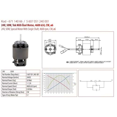 24V TEK MİLLİ KALORİFER MOTORU 51MM FAN MOTORU 67114066