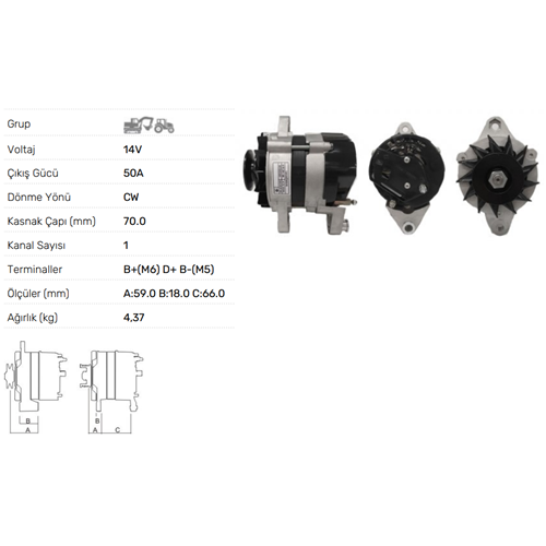 ALTERNATOR A115 12V 50A UZEL-M.F TRAKTÖR MF240- 240S-255EP-260G(TAKOMETRE UÇLU)(1999 SONRASI)